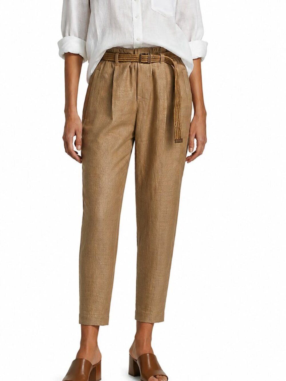 Brunello Cucinelli Linen Pants Tan Elastic Waist Pull On Relaxed Size 12 New Tag